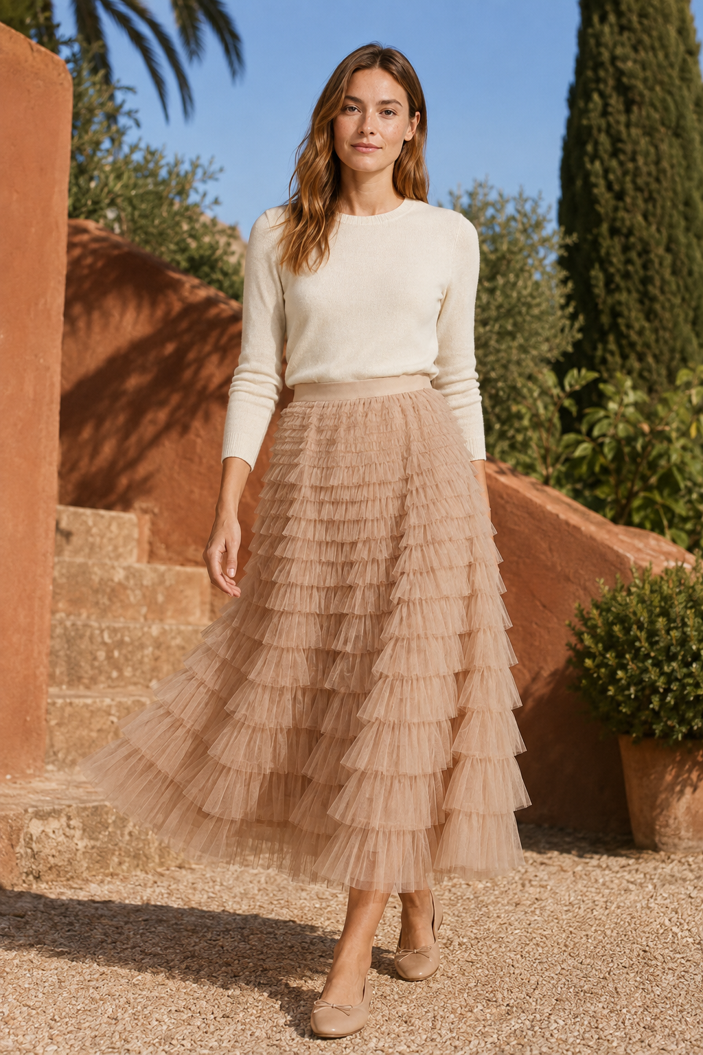 NOMU | Women’s Layered Ruffle Tulle Midi Skirt