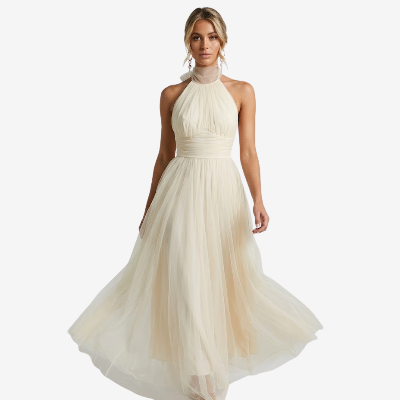 NOMU | Women's Halter Neck Tulle Midi Dress – Elegant Sleeveless Princess Party Dress