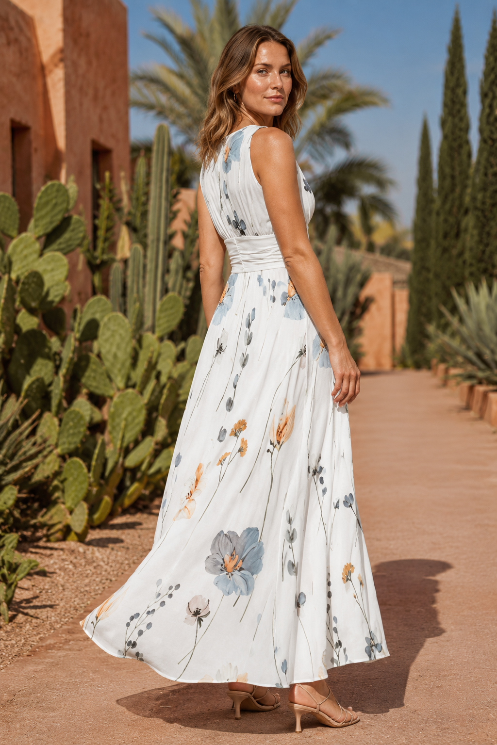NOMU | Women's Floral V-Neck Maxi Dress – Elegant Sleeveless Flowing Summer Dress