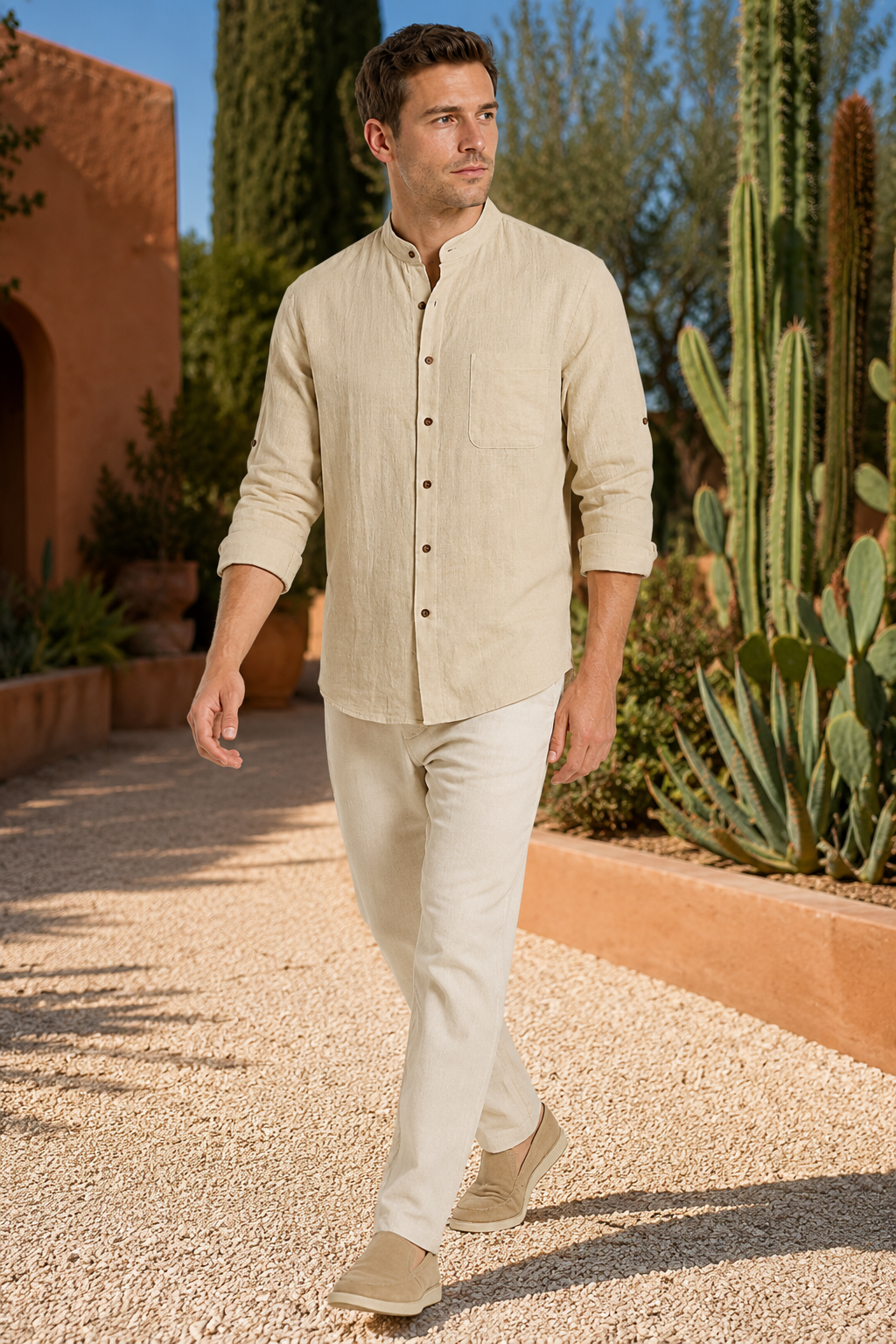 NOMU | Men's Linen Blend Shirt – Long Sleeve Mandarin Collar Button Design