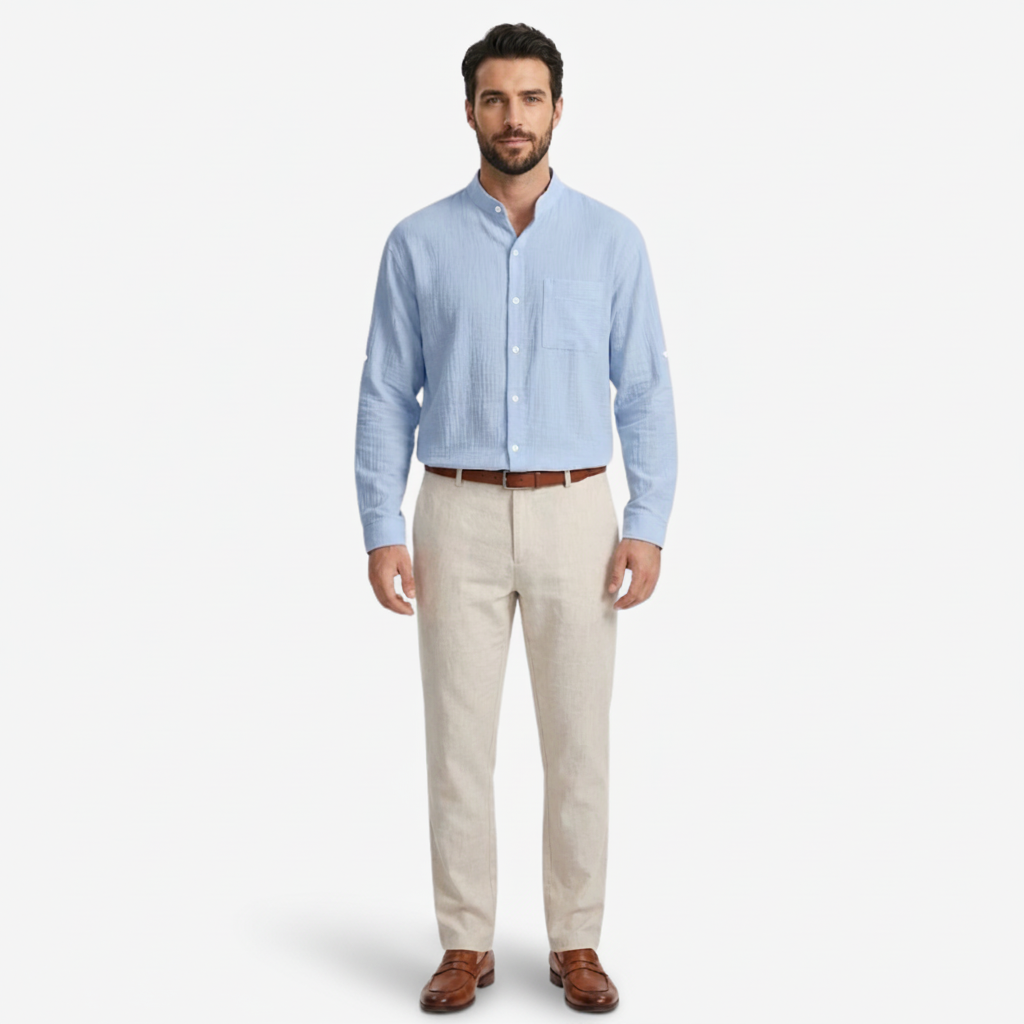 NOMU | Men's Cotton Linen Shirt – Long Sleeve Mandarin Collar Design