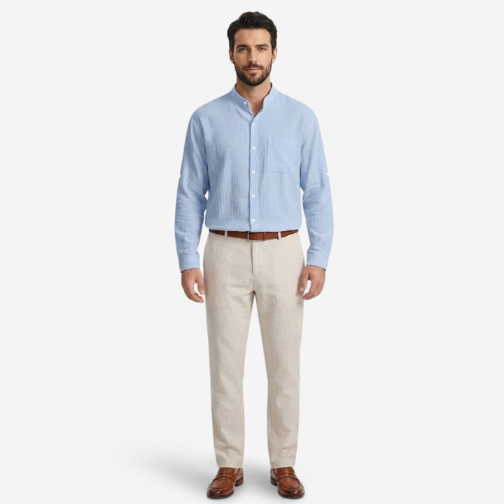 NOMU | Men's Cotton Linen Shirt – Long Sleeve Mandarin Collar Design
