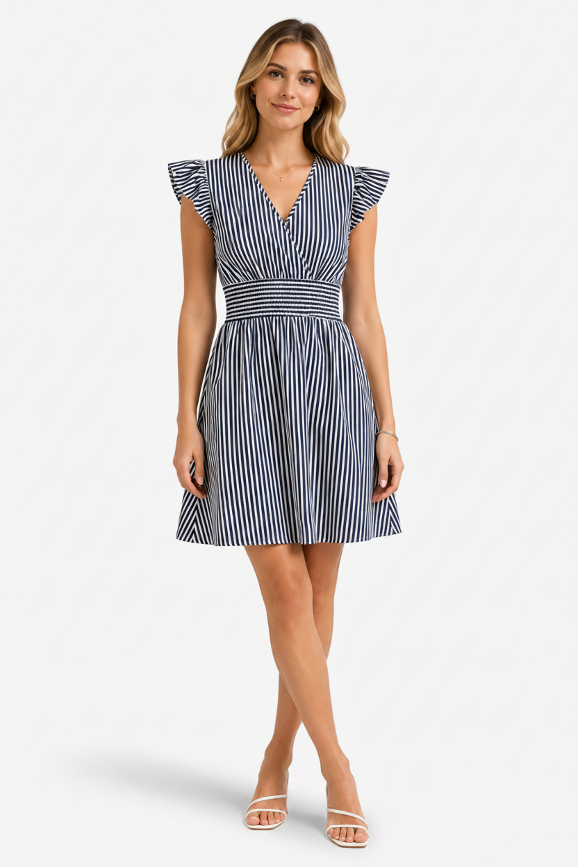 NOMU | Women's Striped Mini Dress – Ruffle Sleeve Smocked Waist Design