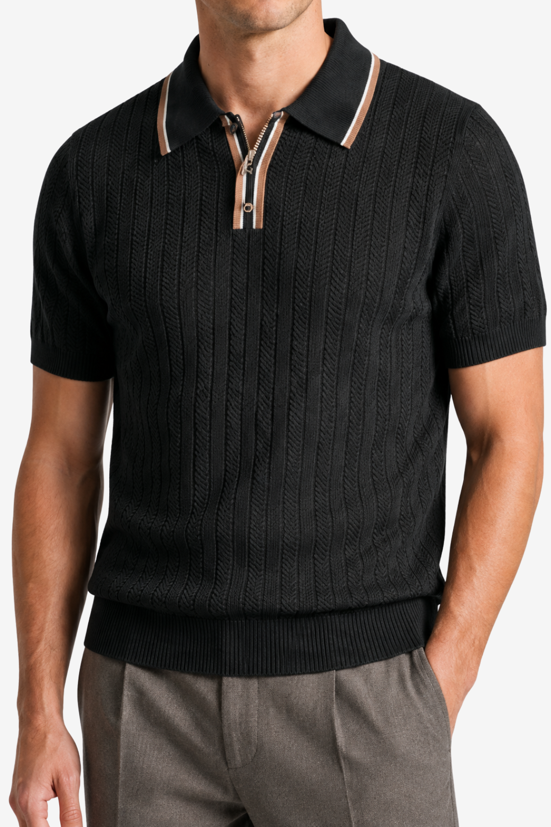 NOMU | Men’s Contrast Trim Ribbed Knit Polo Shirt