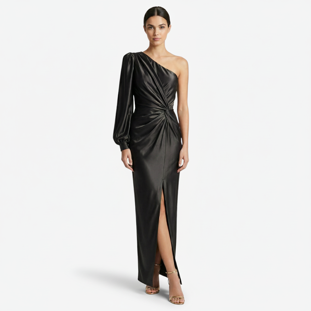 NOMU | Women's One-Shoulder Satin Maxi Dress – Elegant Long Sleeve Evening Dress