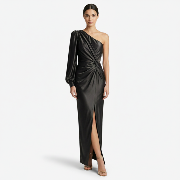 NOMU | Women's One-Shoulder Satin Maxi Dress – Elegant Long Sleeve Evening Dress