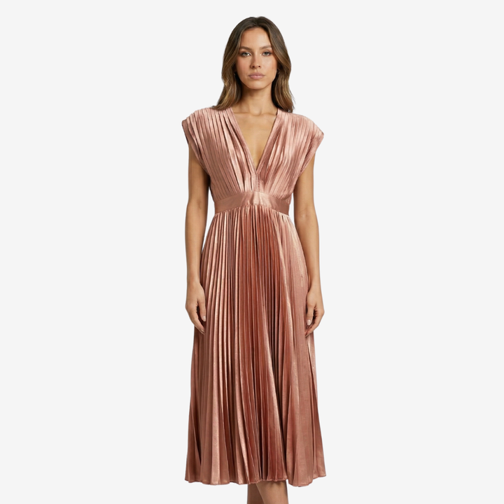 NOMU | Women's Pleated V-Neck Midi Dress – Elegant Sleeveless Flowing Evening Dress