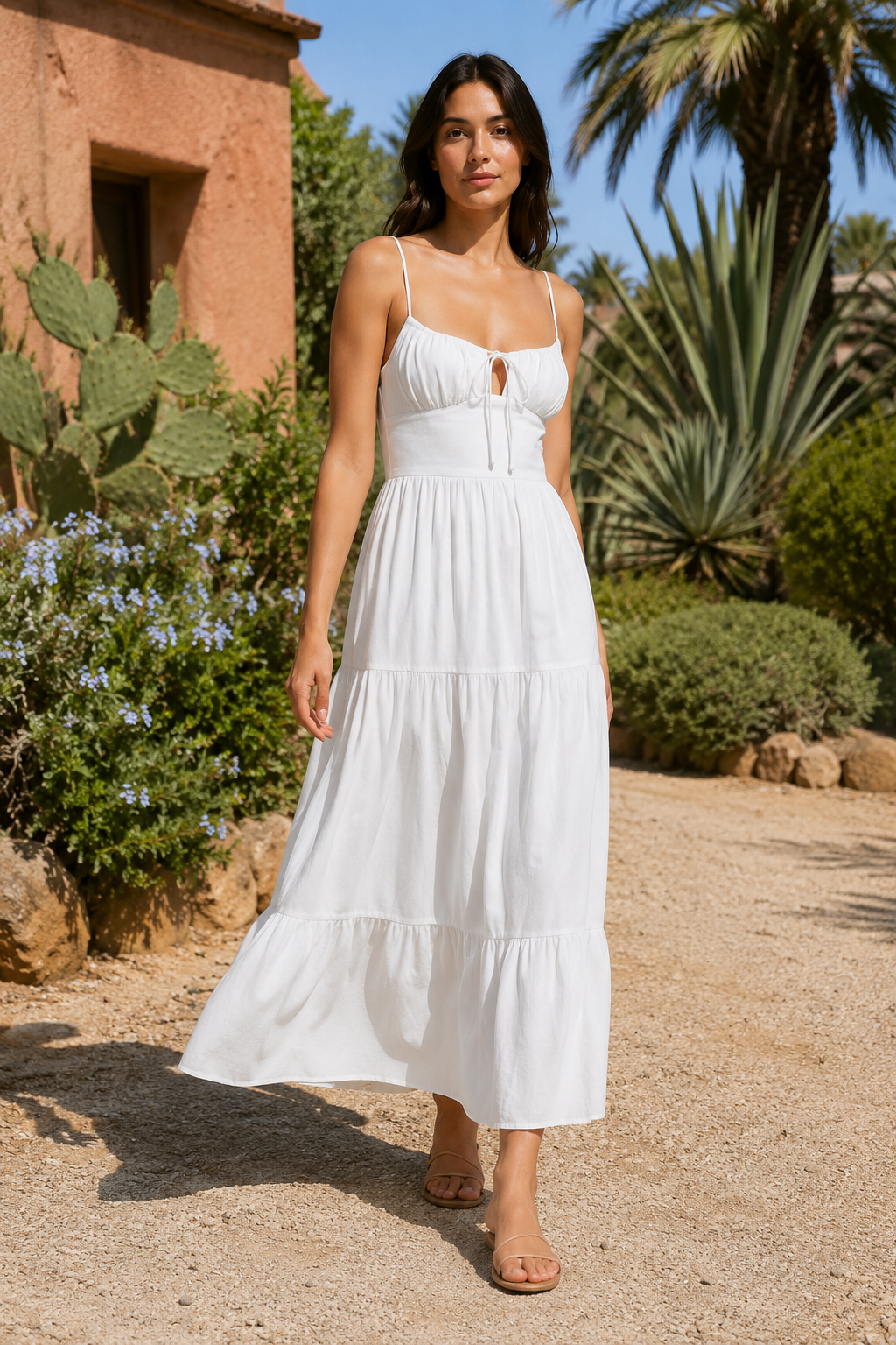 NOMU | Women's Tiered Midi Dress – Spaghetti Strap Tie Front Relaxed Fit Design