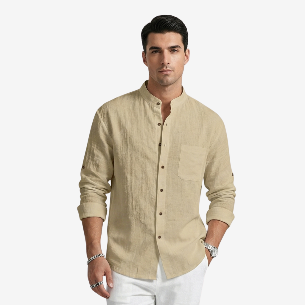 NOMU | Men's Linen Blend Shirt – Long Sleeve Mandarin Collar Button Design