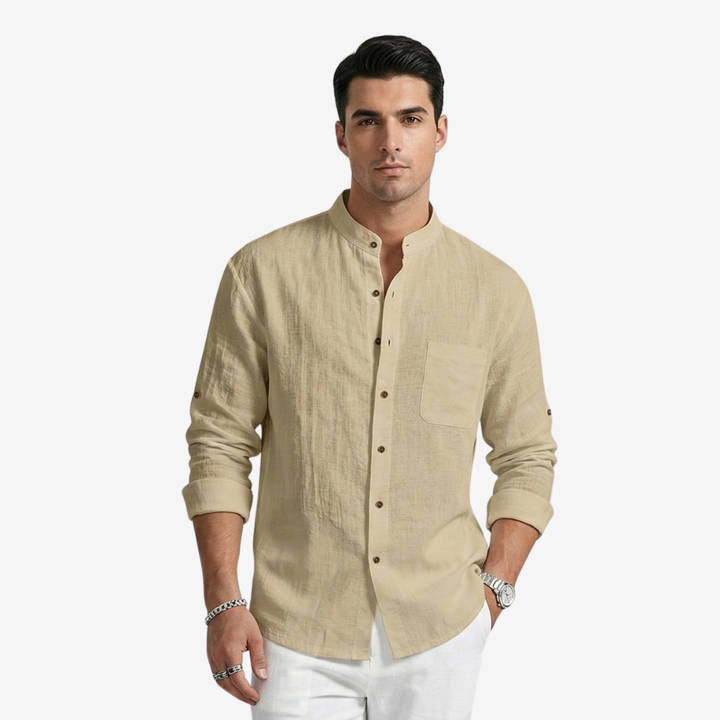 NOMU | Men's Linen Blend Shirt – Long Sleeve Mandarin Collar Button Design