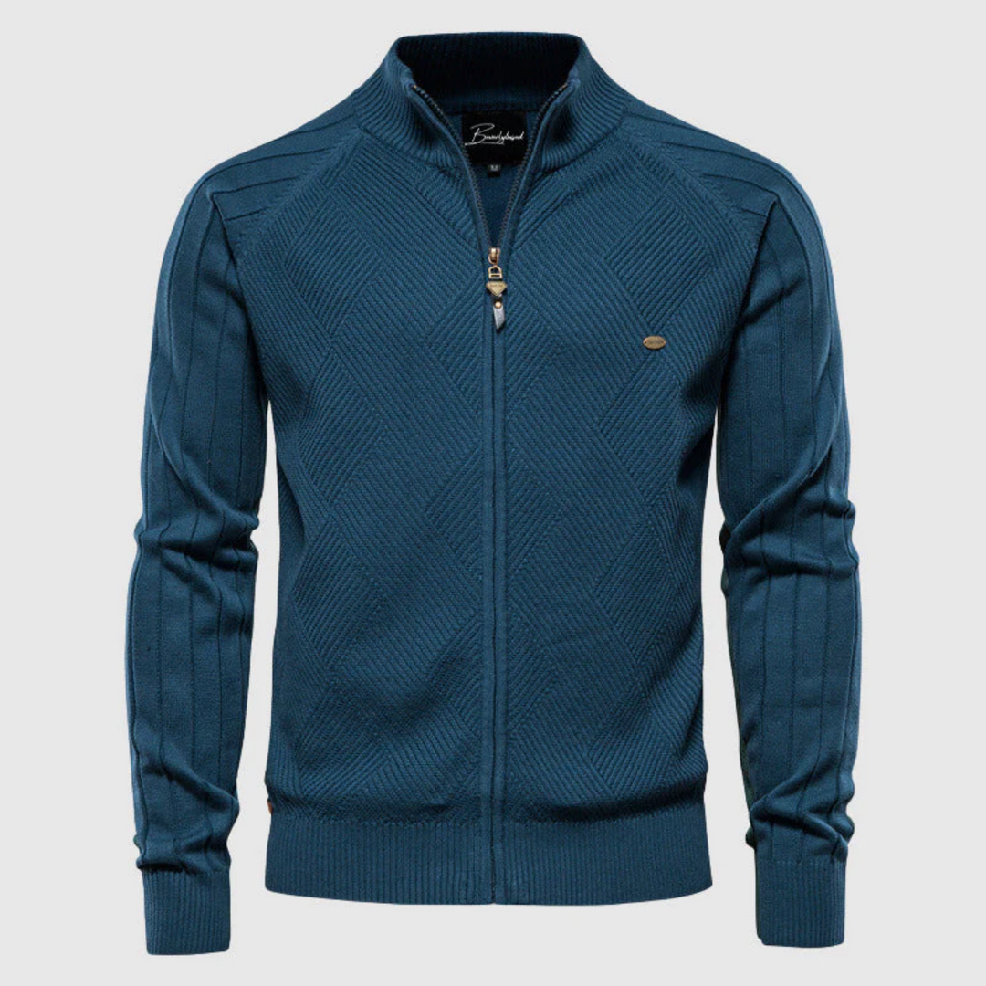 NOMU | Men's Zip-Up Knit Sweater Jacket – Textured Stand Collar Cardigan