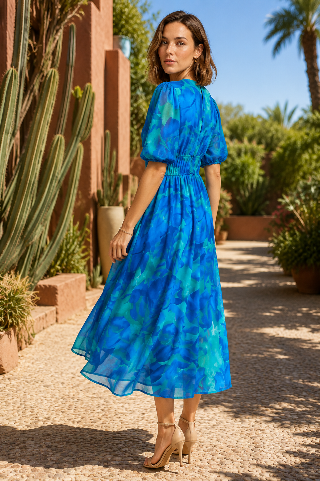 NOMU | Women's Floral V-Neck Midi Dress – Elegant Puff Sleeve Flowing Dress