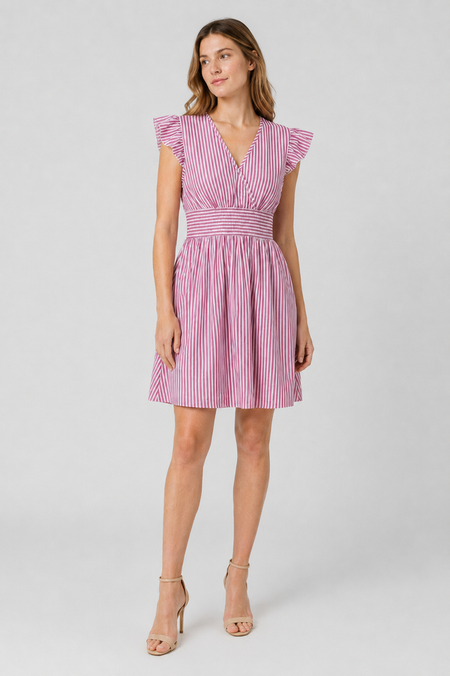 NOMU | Women's Striped Mini Dress – Ruffle Sleeve Smocked Waist Design