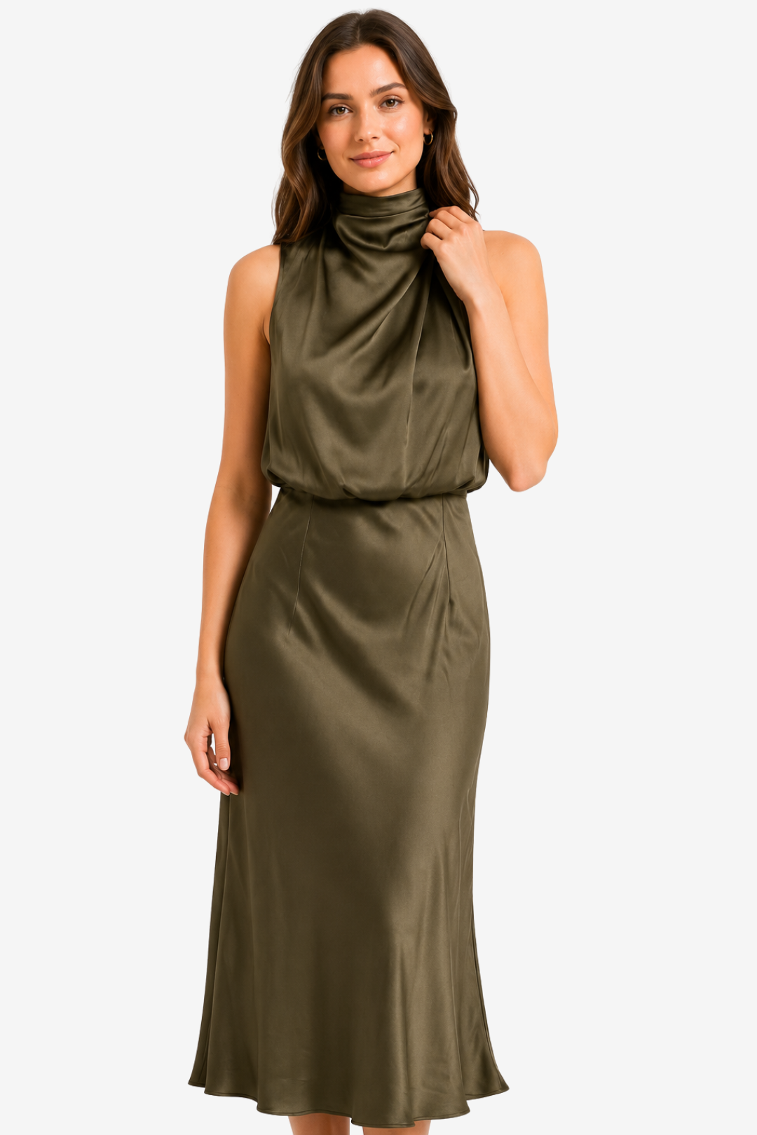 NOMU | Women's Satin High Neck Midi Dress – Elegant Sleeveless Evening Slip Dress