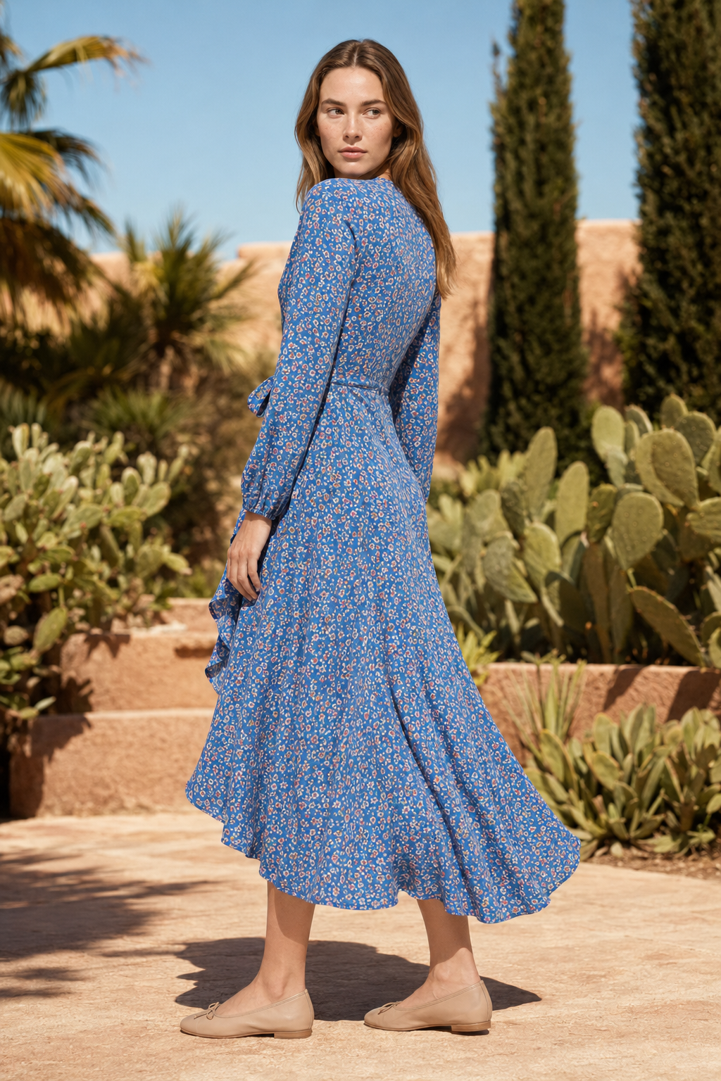 NOMU | Women's Floral Wrap Midi Dress – Long Sleeve Tie Waist Ruffle Hem Design