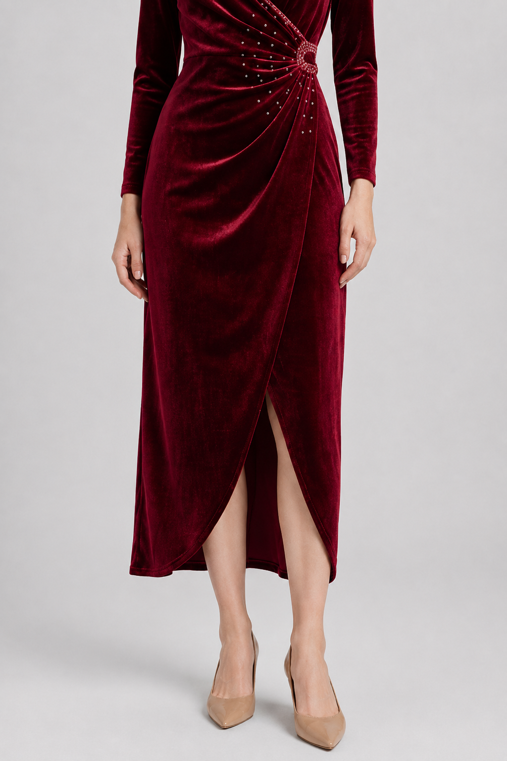 NOMU | Women's Velvet Wrap Midi Dress – Elegant Long Sleeve Rhinestone Evening Dress
