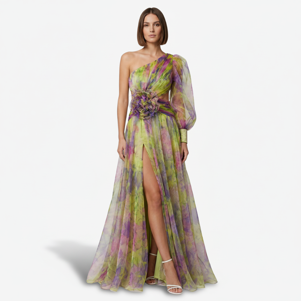 NOMU | Women's Floral One-Shoulder Evening Gown – Elegant High Slit Maxi Dress