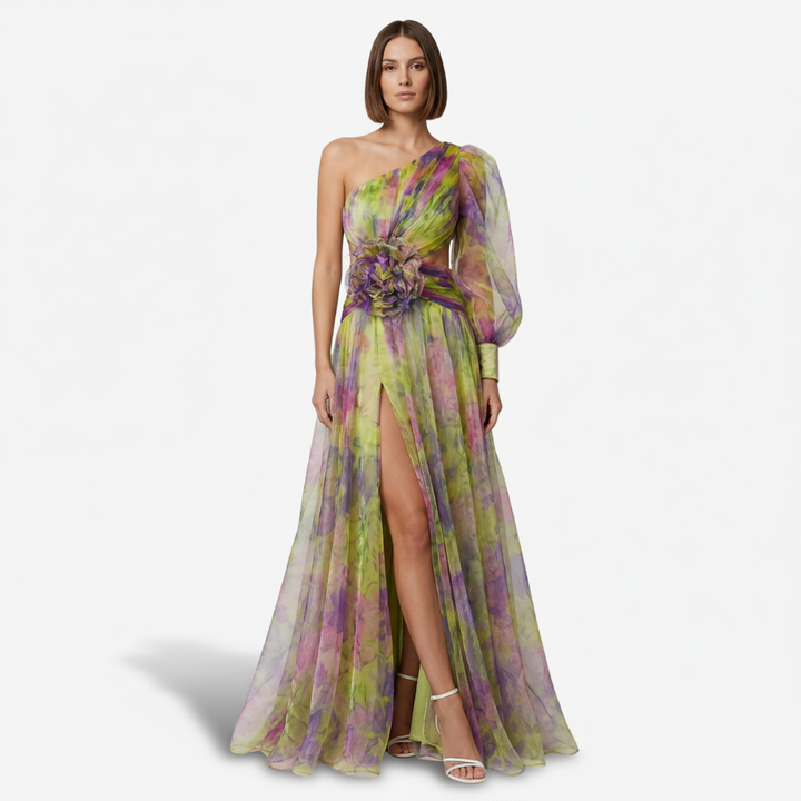 NOMU | Women's Floral One-Shoulder Evening Gown – Elegant High Slit Maxi Dress
