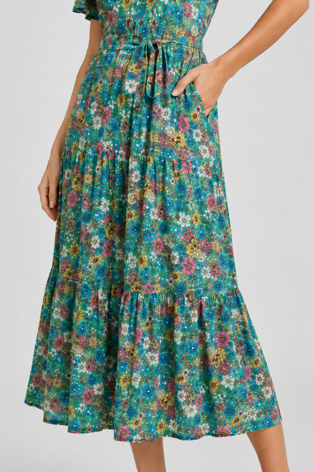 NOMU | Women's Floral Midi Dress – V Neck Short Sleeve Tie Waist Design