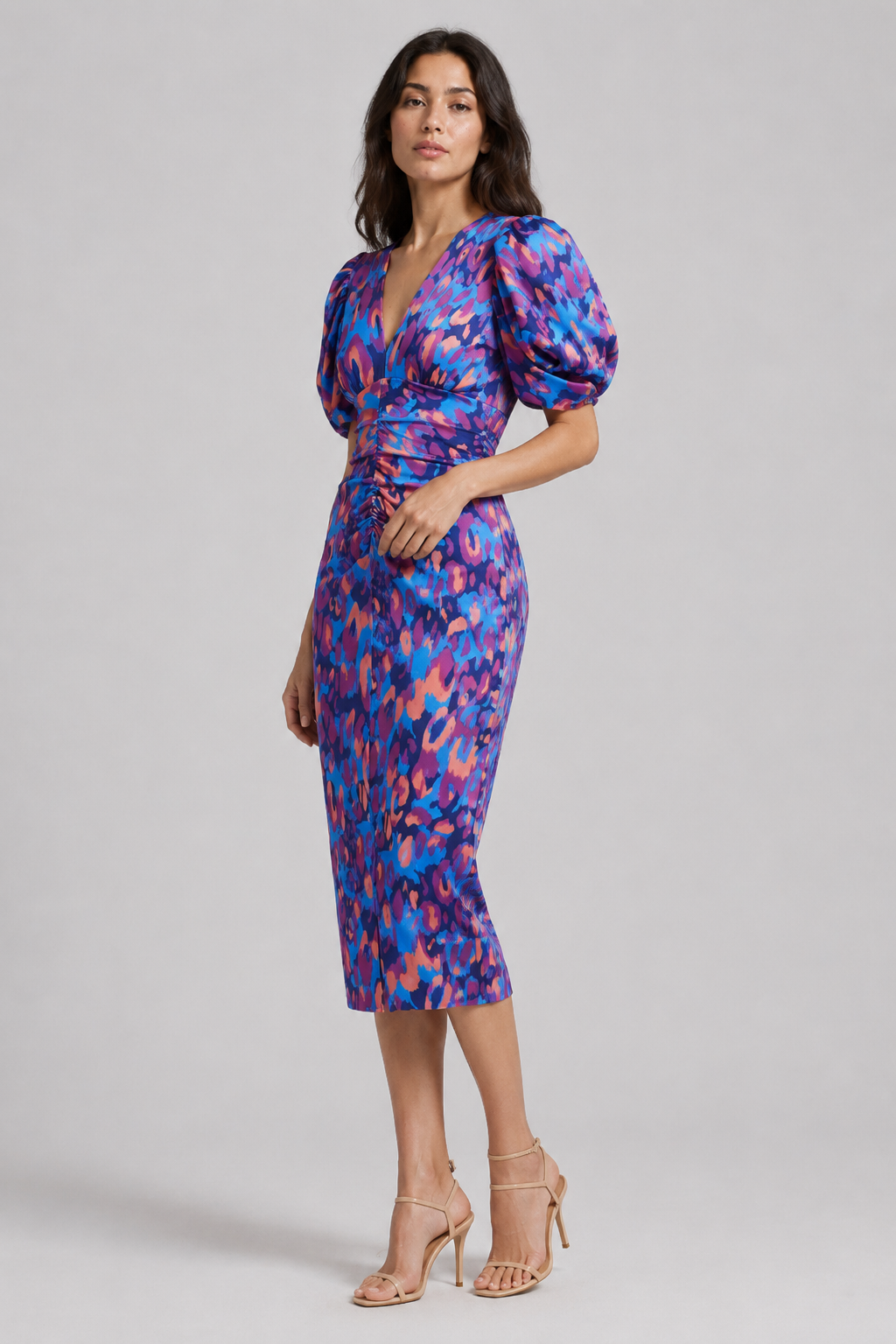 NOMU | Women's Abstract Print Ruched Midi Dress – Elegant Puff Sleeve Bodycon Dress