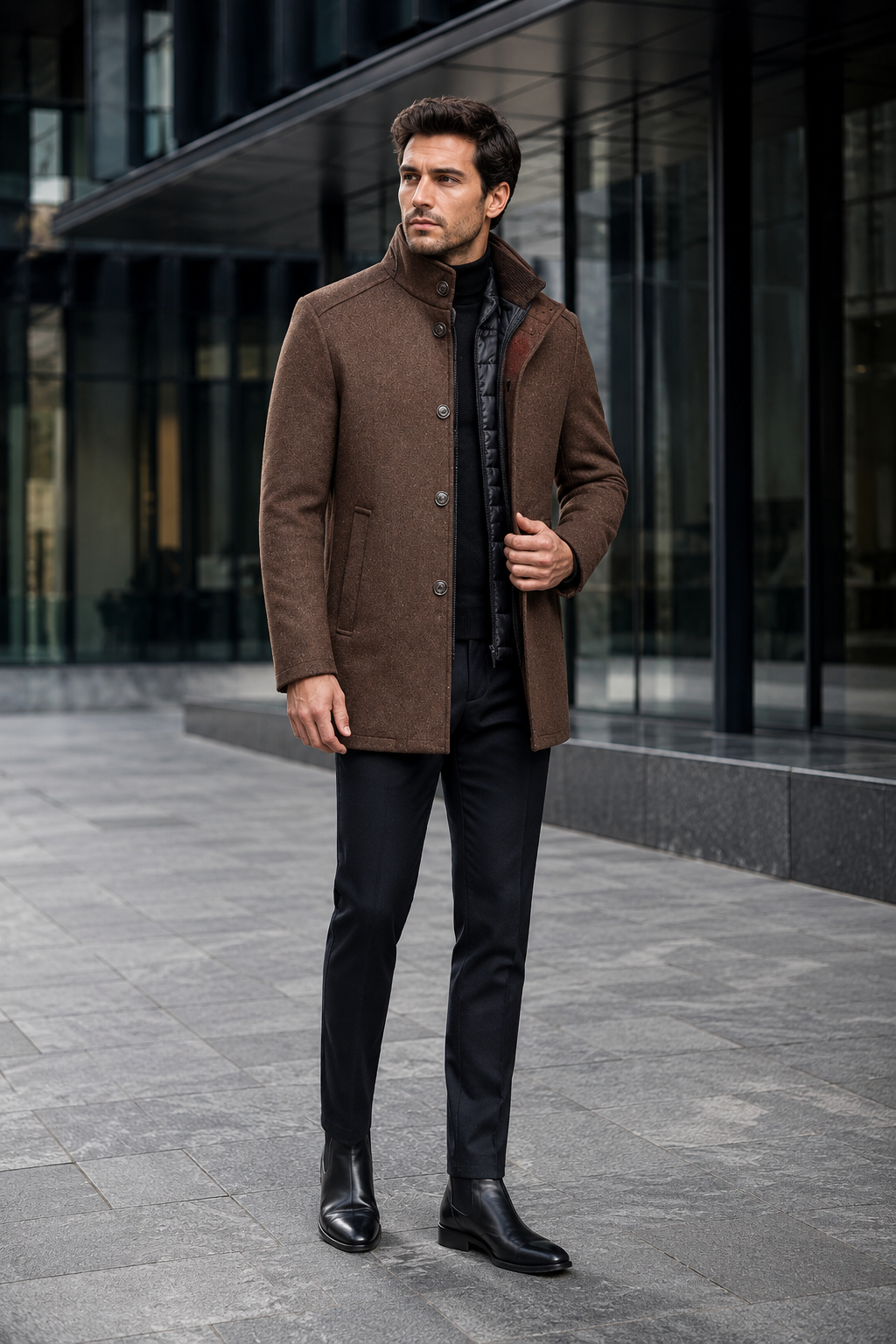NOMU | Men's Button-Up Winter Jacket – Stand Collar Layered Front Design