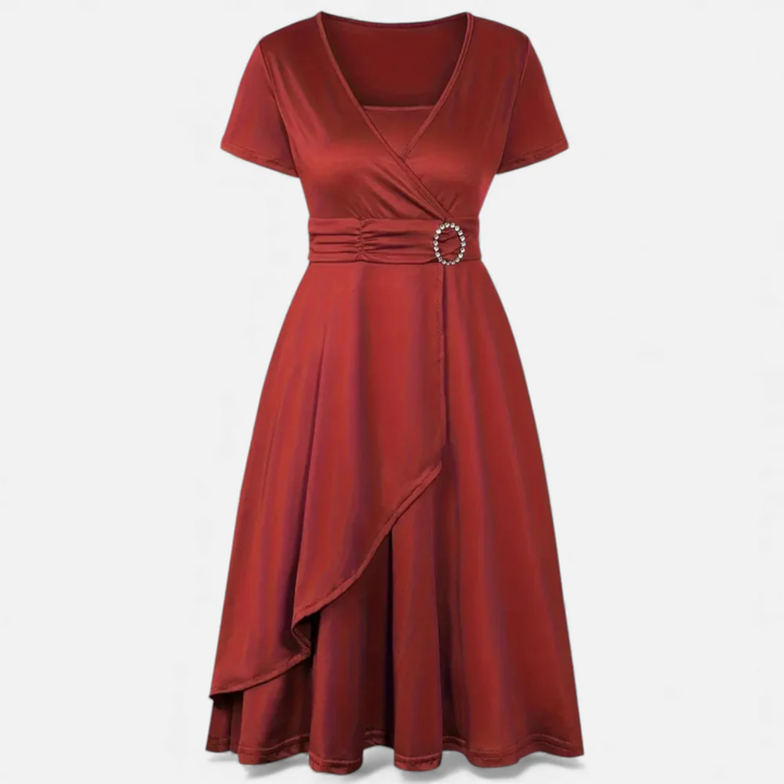 NOMU | Women's Elegant Wrap Midi Dress – Short Sleeve V-Neck Party Dress
