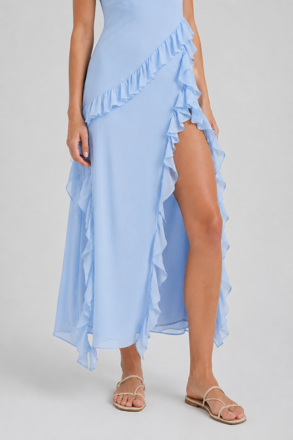 NOMU | Women's Ruffle Trim High Slit Maxi Dress – Elegant Sleeveless Evening Dress