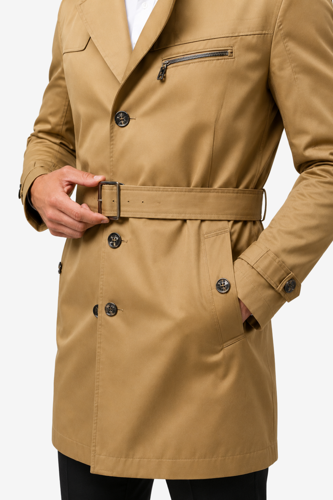 NOMU | Men's Belted Trench Coat – Double-Breasted Front with Adjustable Waist Belt