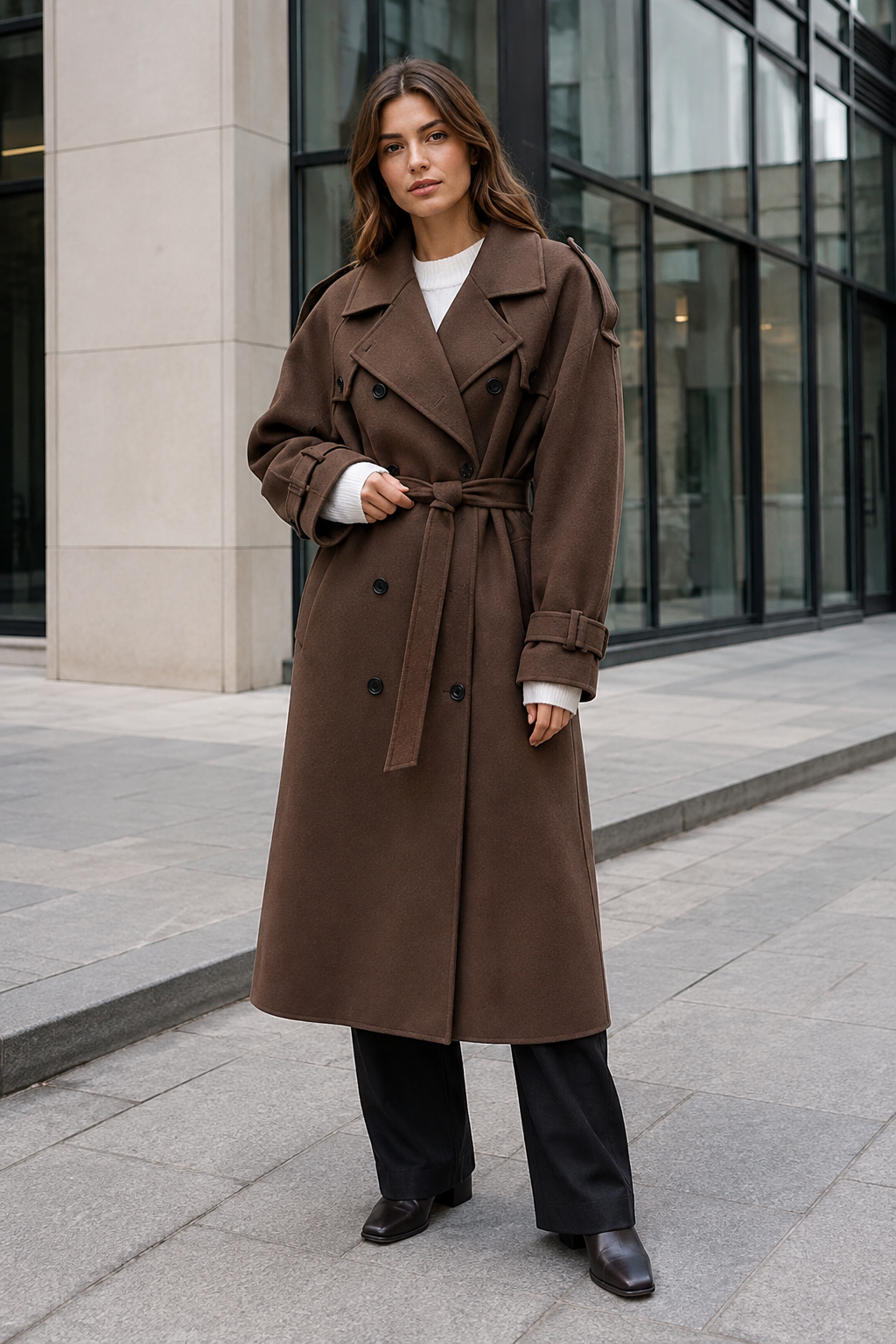 NOMU | Women's Winter Trench Coat – Double-Breasted Belted Longline Design