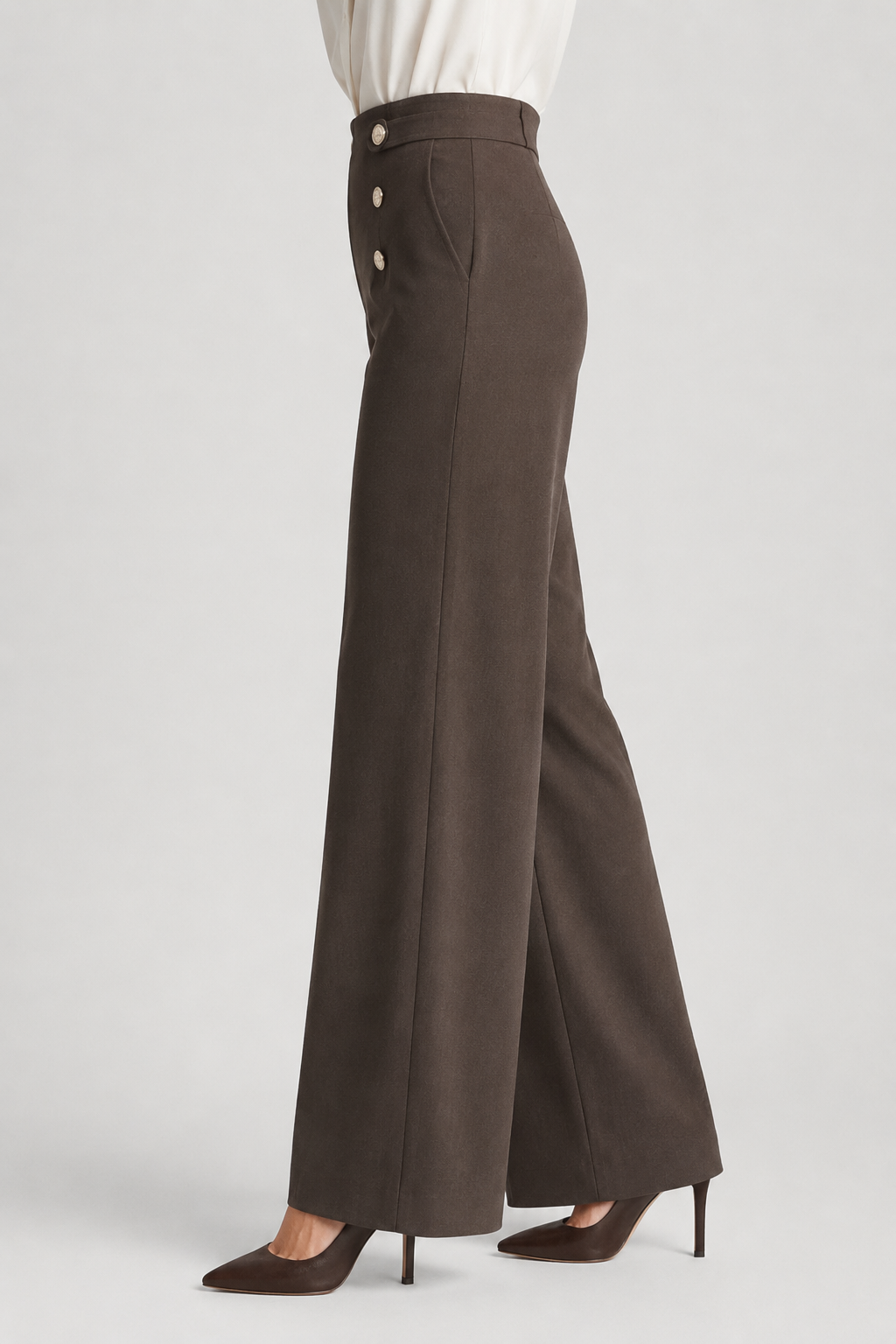 NOMU | Women's High-Waisted Wide Leg Trousers – Elegant Button Detail Palazzo Pants