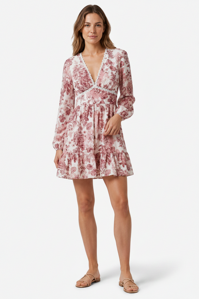 NOMU | Women's Floral Mini Dress – V Neck Long Sleeve Ruffle Hem Design