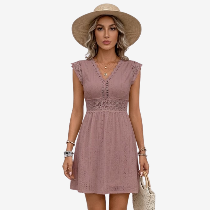 NOMU | Women's Lace Trim Eyelet Mini Dress – Elegant Sleeveless Summer Dress