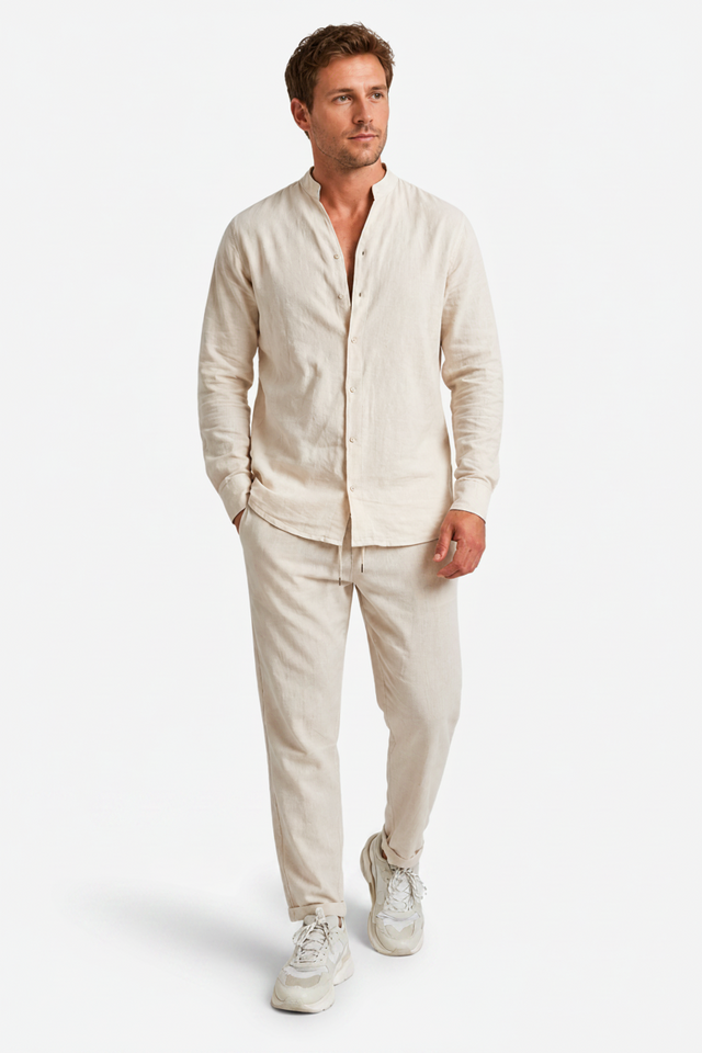 NOMU | Men's Mandarin Collar Linen Button-Down Set – Matching Pants & Drawstring Waist