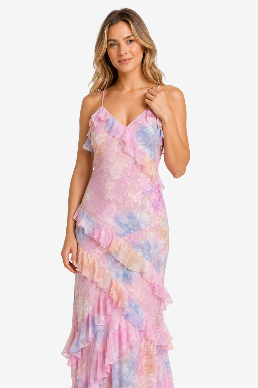 NOMU | Women's Floral Ruffle Maxi Dress – Elegant Sleeveless Layered Party Dress