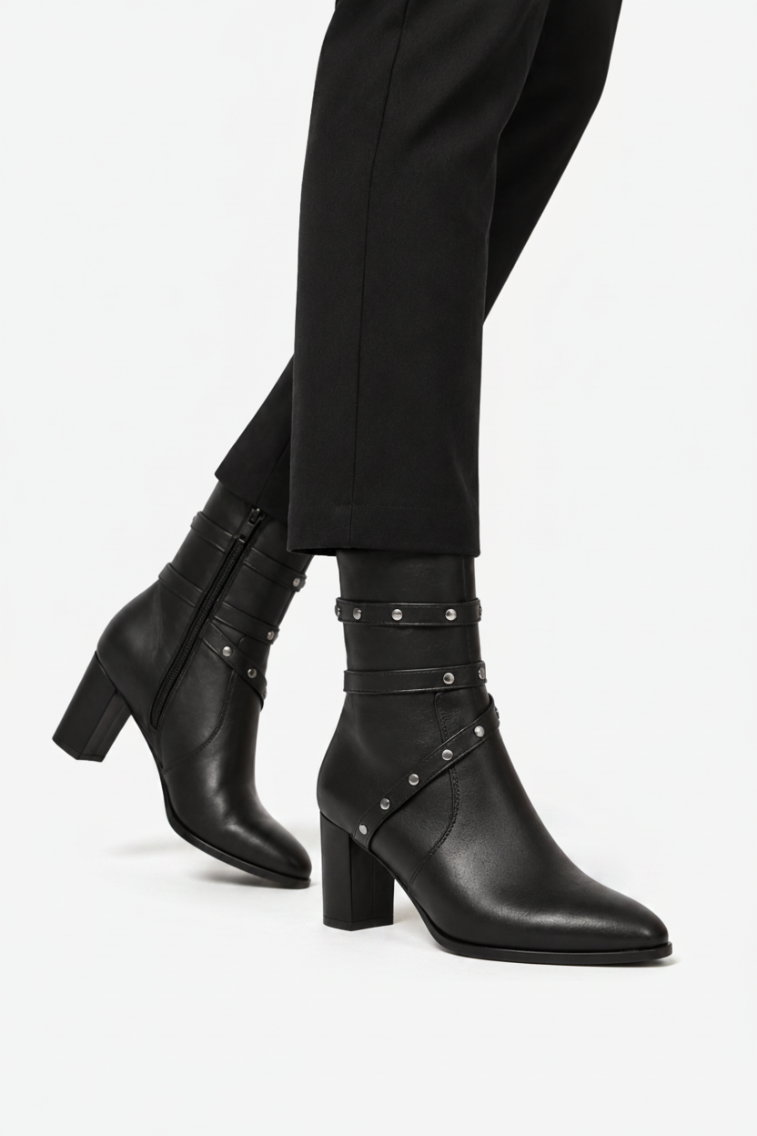 NOMU | Women's Buckled Strap Ankle Boots – Modern Studded Block Heel Boots