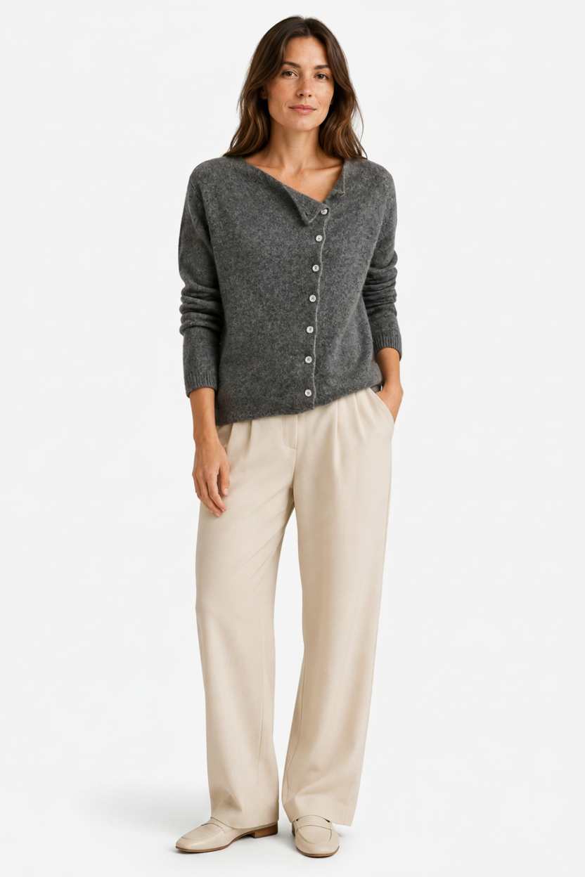 NOMU | Women's Button Front Cardigan – Asymmetric Neckline Relaxed Knit Design