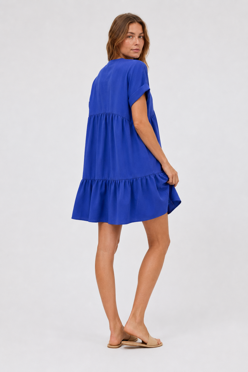 NOMU | Women's Tiered Mini Dress – V Neck Short Sleeve Loose Fit Design