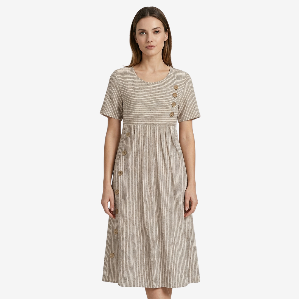 NOMU | Women's Striped Button Detail Midi Dress – Casual Short Sleeve Linen Look Dress
