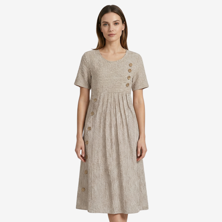 NOMU | Women's Striped Button Detail Midi Dress – Casual Short Sleeve Linen Look Dress