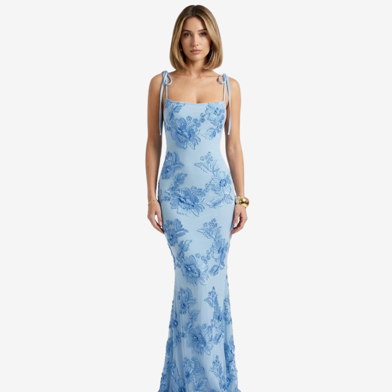 NOMU | Women's Floral Embroidered Bodycon Maxi Dress – Elegant Tie Strap Occasion Dress