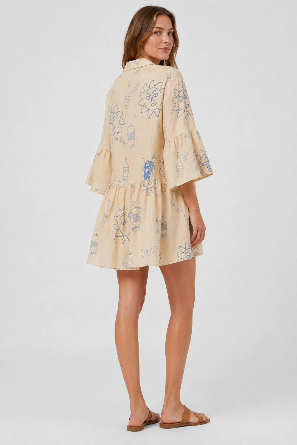 NOMU | Women's Printed Mini Dress – V Neck Button Front Tiered Loose Fit Design