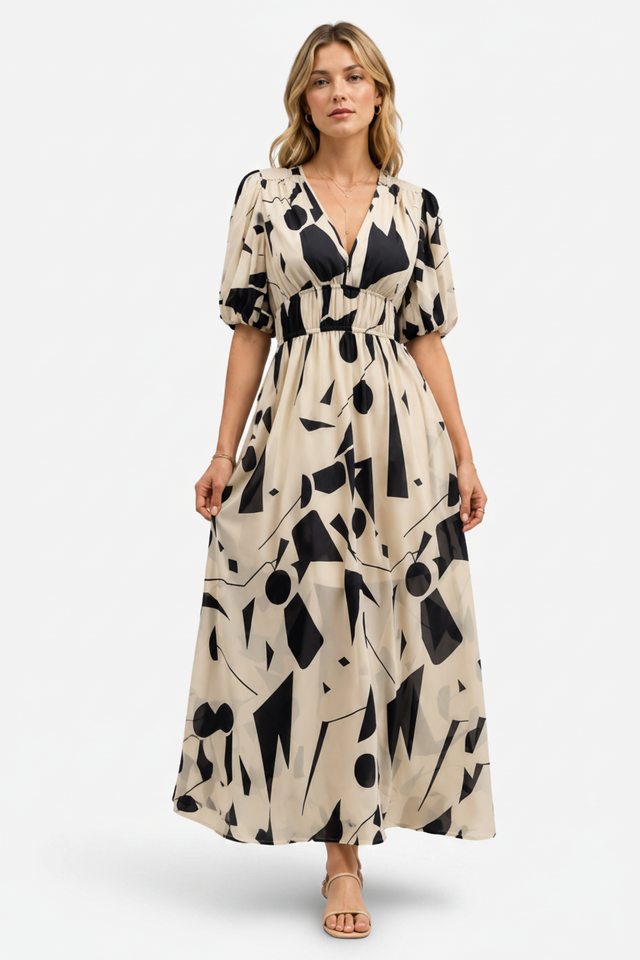 NOMU | Women's Abstract Print Midi Dress – V Neck Puff Sleeve Elastic Waist Design