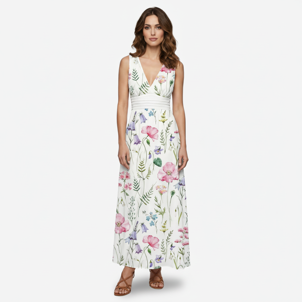 NOMU | Women's Floral V-Neck Maxi Dress – Elegant Sleeveless Flowing Summer Dress