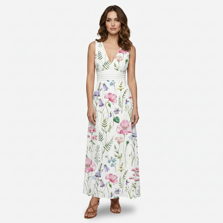 NOMU | Women's Floral V-Neck Maxi Dress – Elegant Sleeveless Flowing Summer Dress
