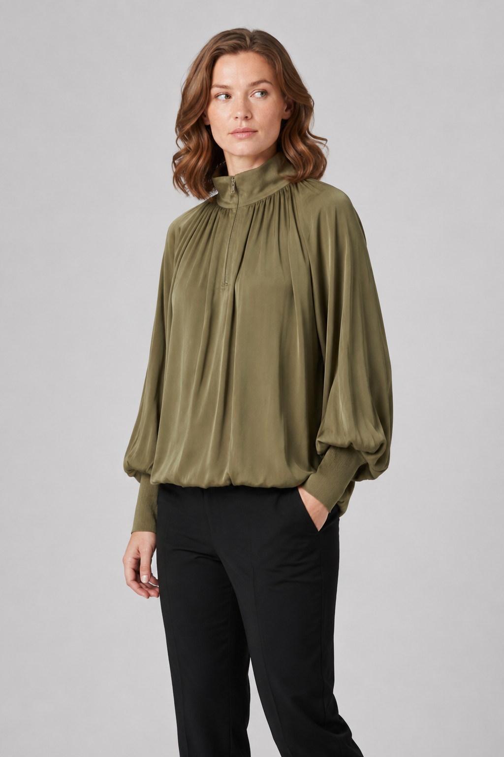 NOMU | Women's Gathered High Neck Blouse – Elegant Balloon Sleeve Top