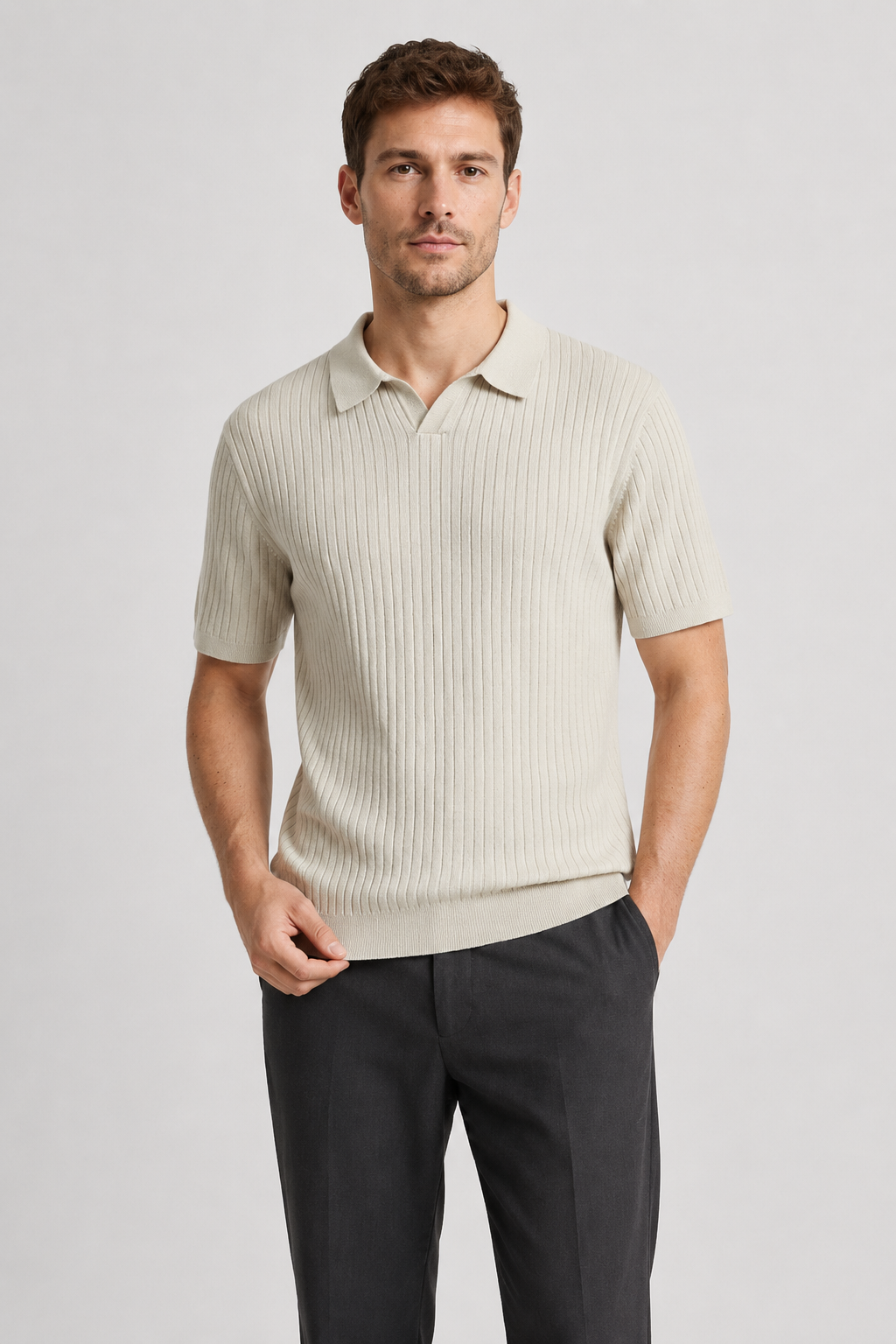 NOMU | Men's Ribbed Knit Polo Shirt – Minimalist Smart Casual Short Sleeve Top