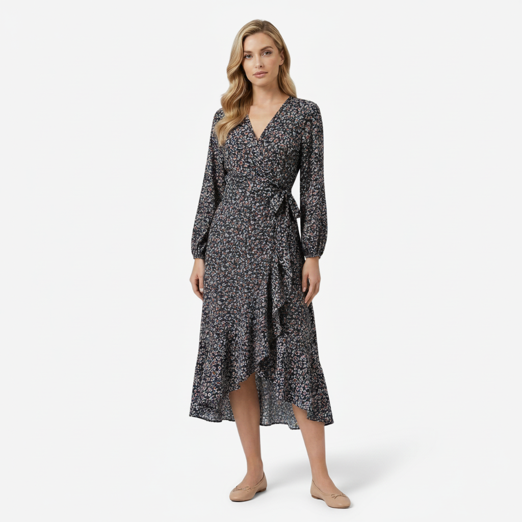NOMU | Women's Floral Wrap Midi Dress – Long Sleeve Tie Waist Ruffle Hem Design