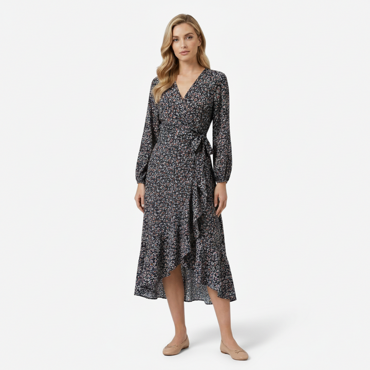 NOMU | Women's Floral Wrap Midi Dress – Long Sleeve Tie Waist Ruffle Hem Design