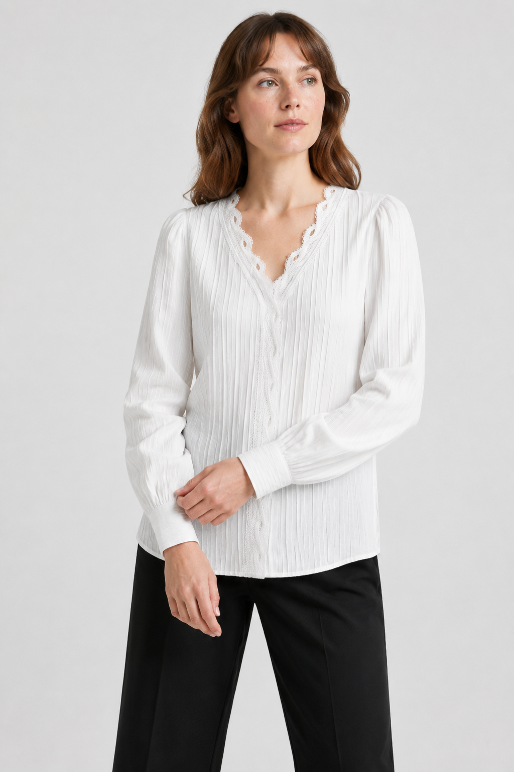 NOMU | Women's Lace Trim Pleated Blouse – Elegant V-Neck Long Sleeve Top