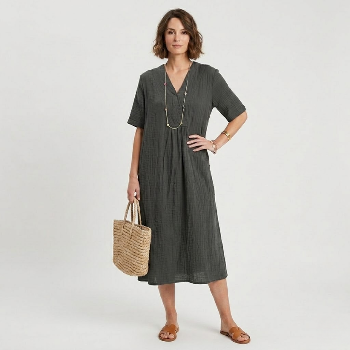 NOMU | Women's Casual Linen Dress – V-Neck Short Sleeve Loose Fit